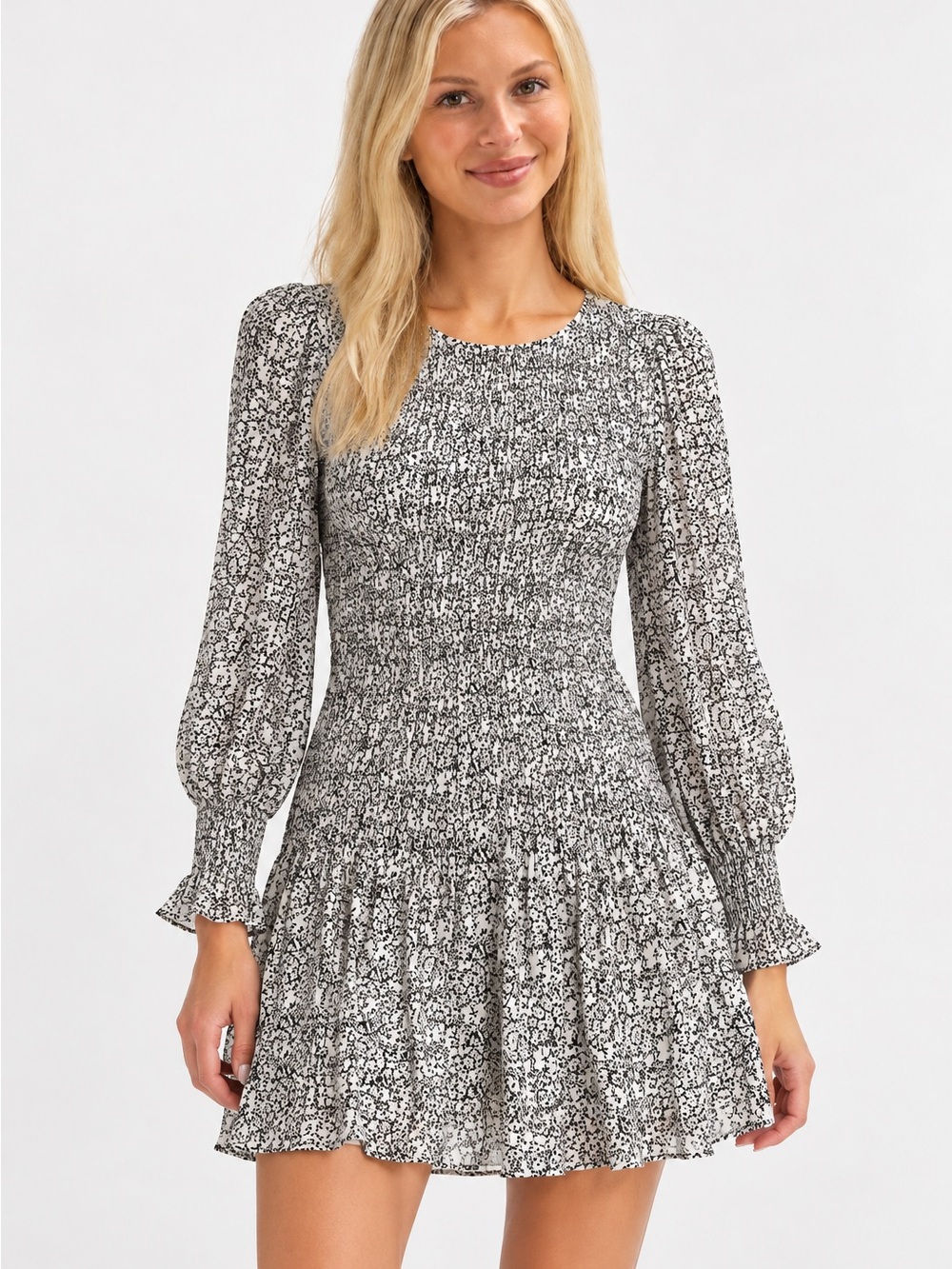 AQUA Floral Long Sleeve Smocked Mini Dress Size Small Boho Feminine Black White